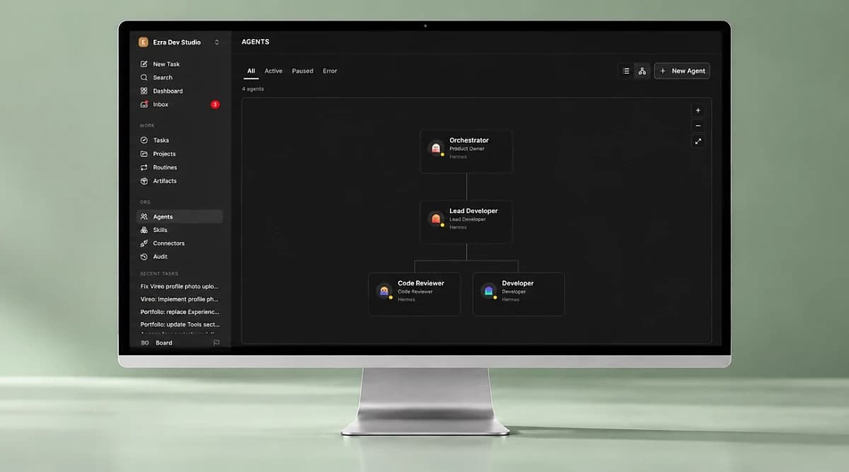 Organisatiestructuur met Orchestrator, Lead Developer, Developer en Code Reviewer in Paperclip