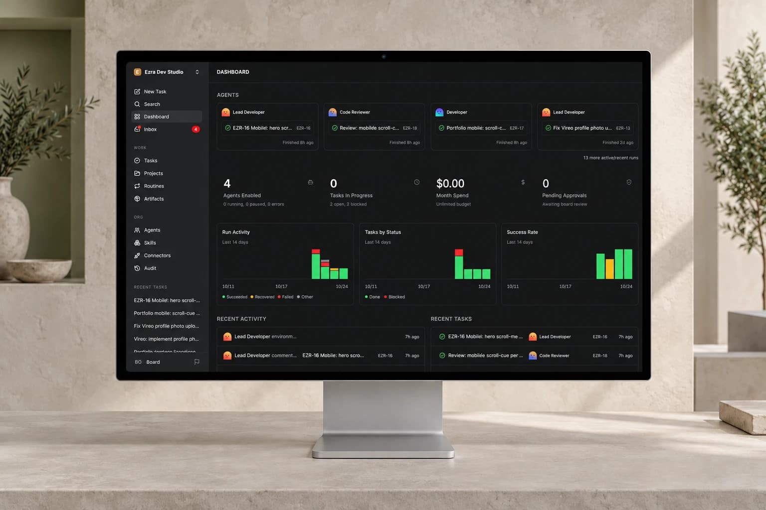 Dashboard in Paperclip met de vier agents, recente runs, uitgaven, en grafieken voor runs, taken en succespercentage