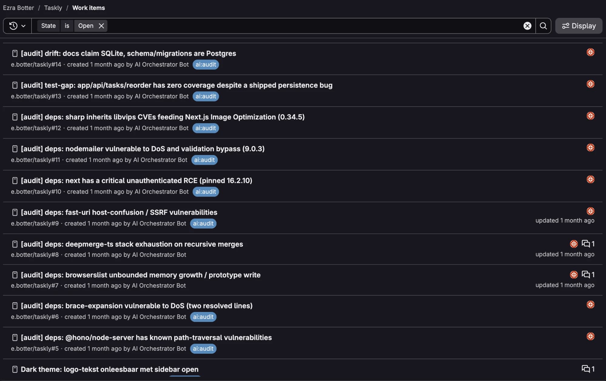 Lijst met open GitLab-issues voor taskly, aangemaakt door AI Orchestrator Bot met het label ai:audit: kwetsbare dependencies zoals next, nodemailer en sharp, een test-gap voor de reorder-route en een drift tussen docs en schema