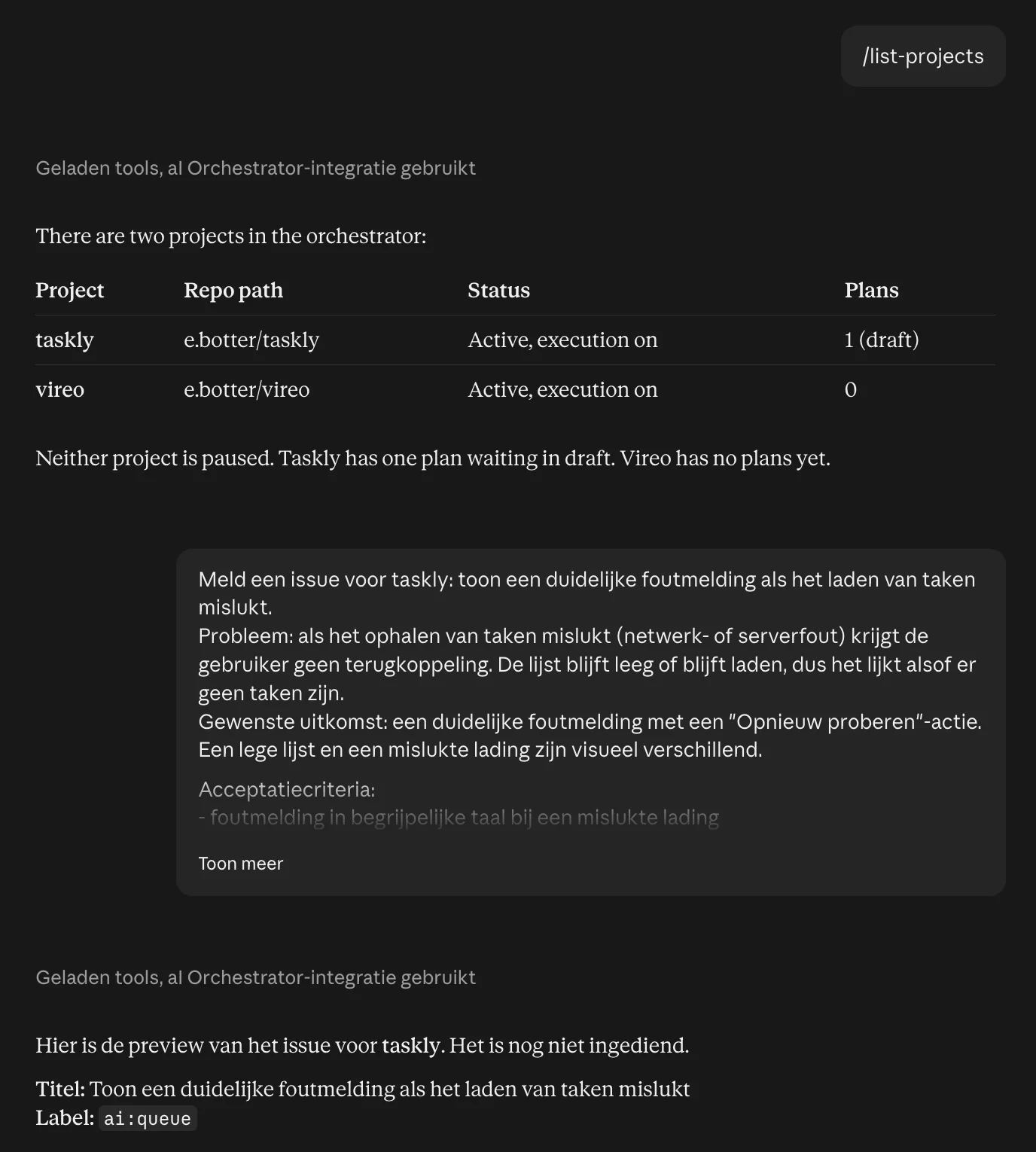 Claude-gesprek waarin /list-projects de twee beheerde projecten toont en een issue-preview voor taskly begint