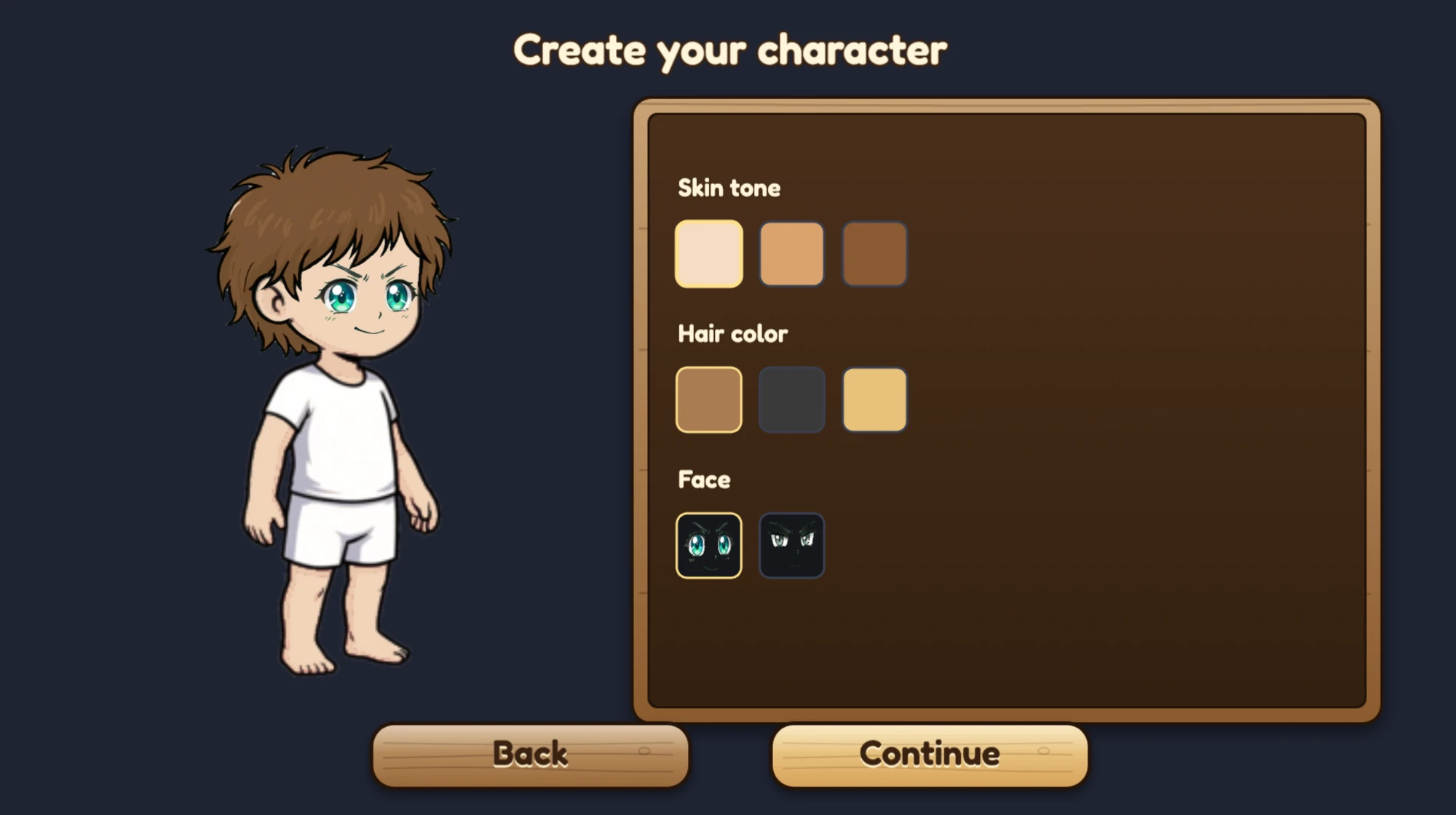 Het scherm 'Create your character' in Fabelora: links het basispersonage met live preview, rechts keuzes voor huidskleur, haarkleur en gezicht