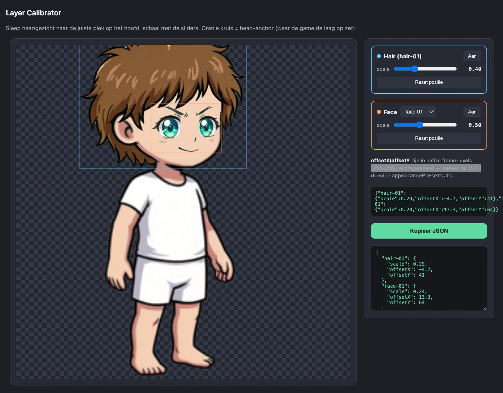 Claude-artifact Layer Calibrator: haar en gezicht slepen en schalen over het hoofd van het basispersonage, met de waarden als JSON