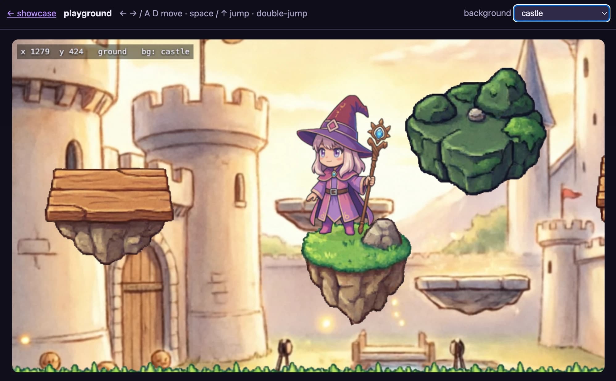 Phaser-playground: de magician op een zwevend grasplatform voor een kasteelachtergrond