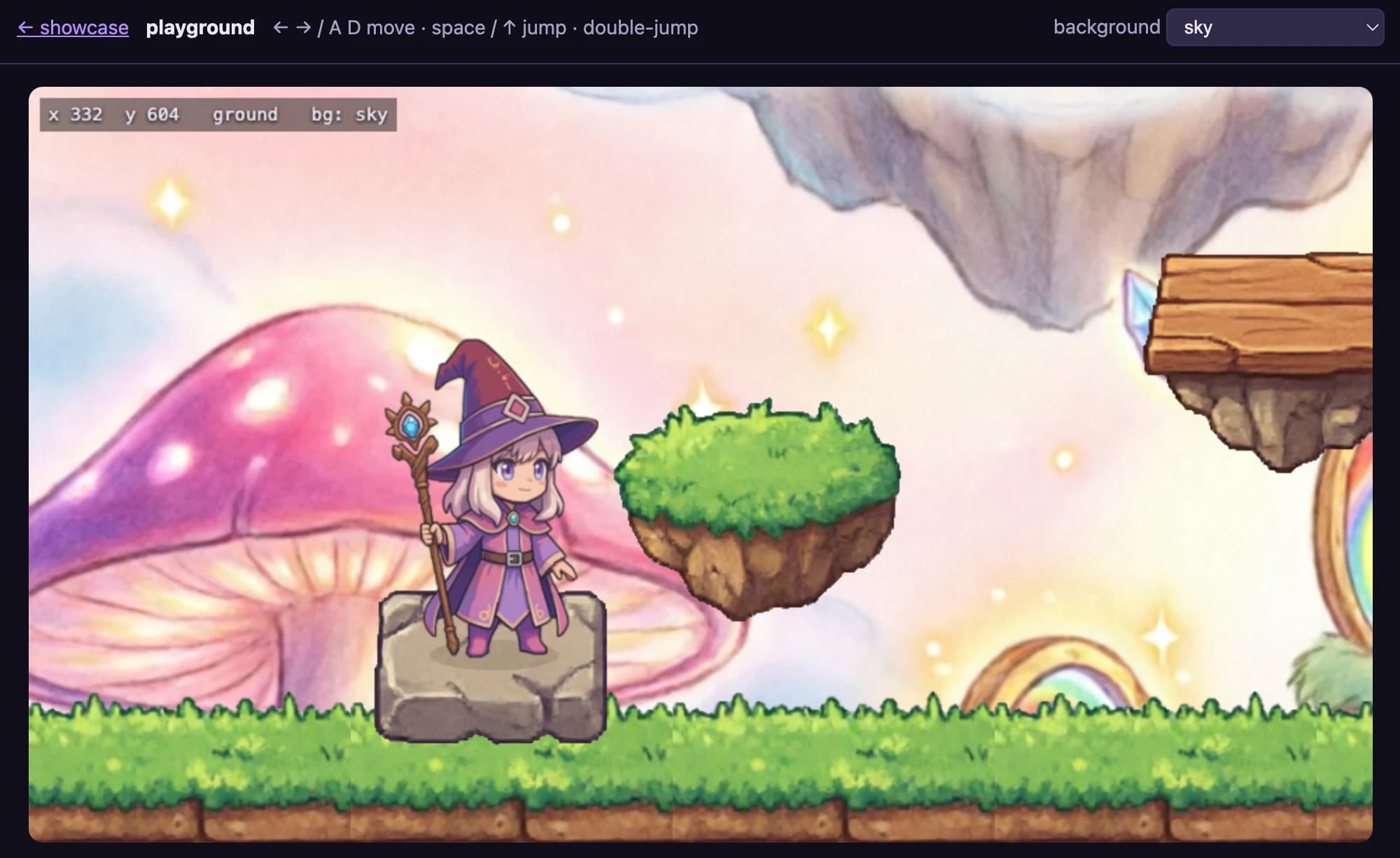 Phaser-playground: de magician staat op een stenen blok voor een pastelkleurige paddenstoelachtergrond, met zwevende platforms