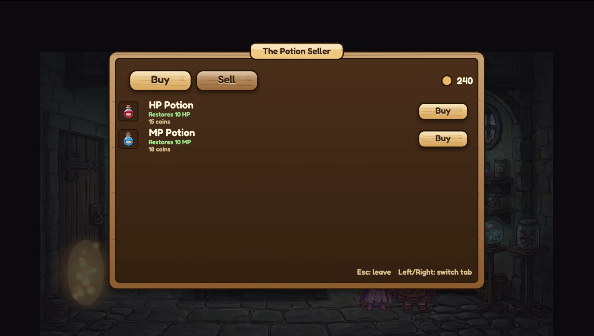 Winkelscherm van The Potion Seller met een HP-potion en een MP-potion om te kopen