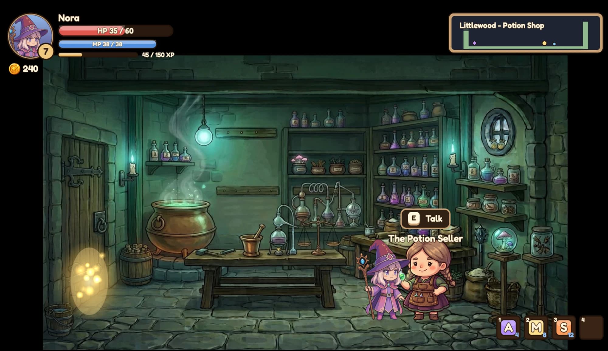 Binnenin de potion shop van Littlewood: The Potion Seller naast een ketel en planken vol flesjes