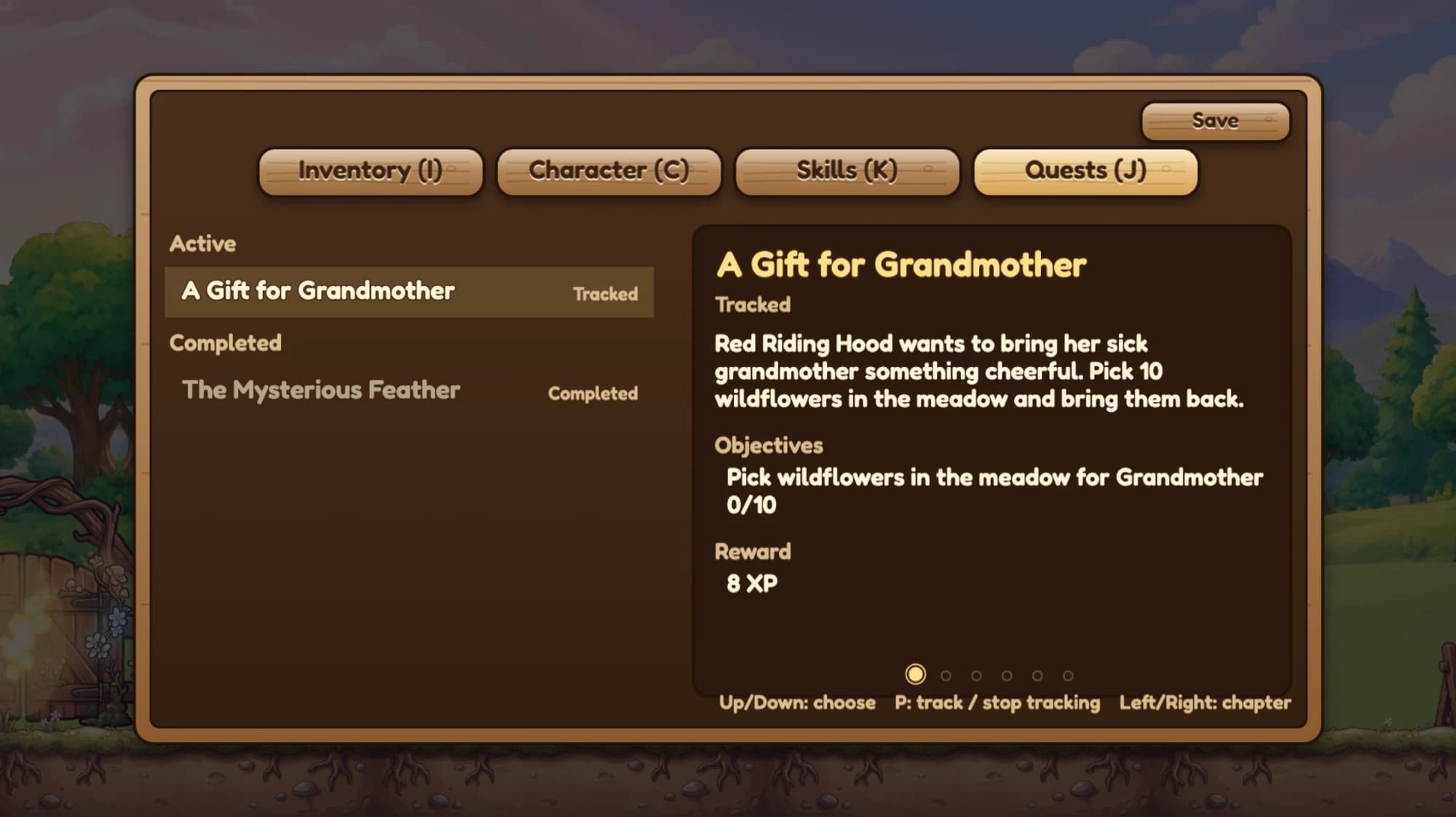 Questlog met de actieve quest 'A Gift for Grandmother', doelen en beloning, en de afgeronde quest 'The Mysterious Feather'