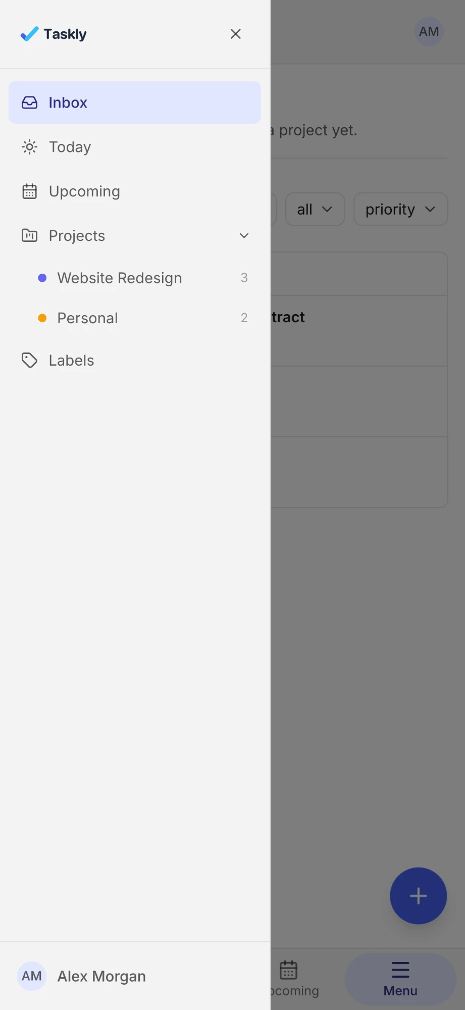Uitgeschoven menu in Taskly met Inbox, Today, Upcoming, Projects met twee projecten en Labels
