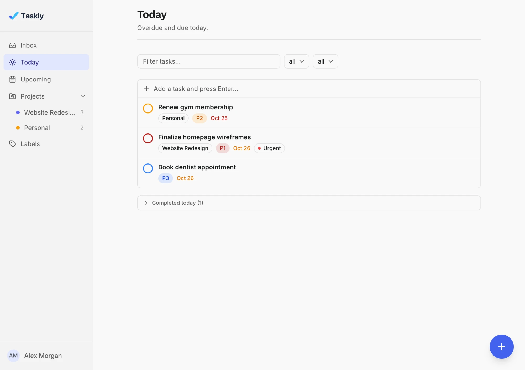 Het Vandaag-scherm van Taskly op desktop, met links een zijbalk met Inbox, Today, Upcoming, Projects en Labels en rechts een filterbalk en drie taken met project, prioriteit en datum