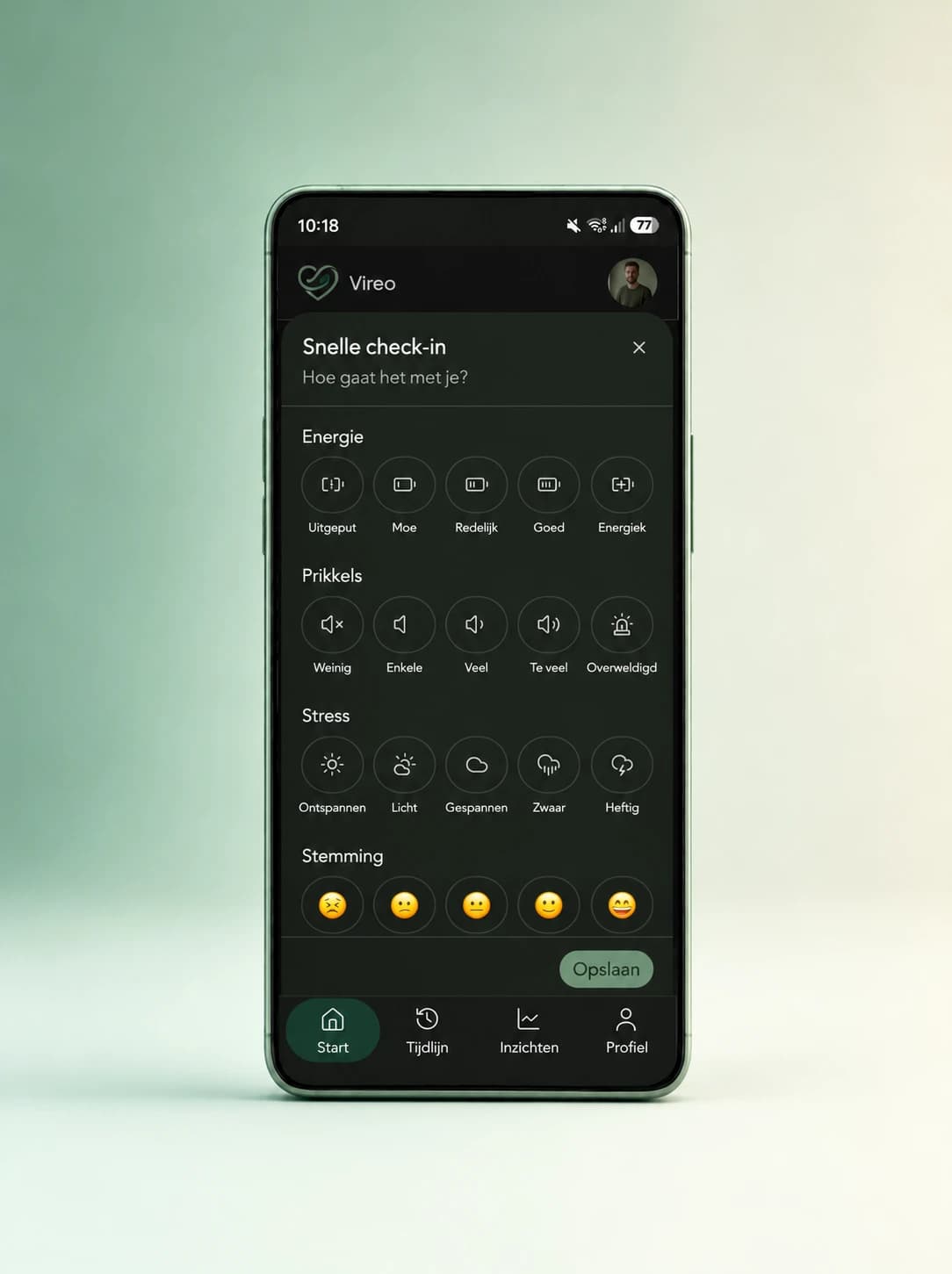 Snelle check-in in Vireo: energie, prikkels, stress en stemming vastleggen