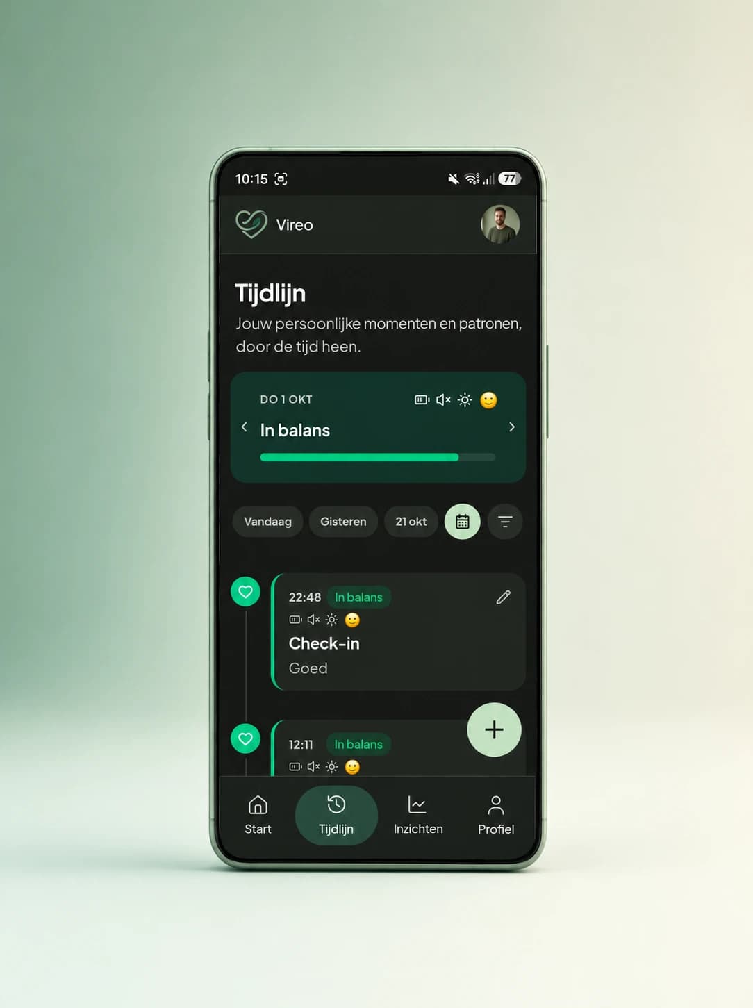 Tijdlijn in Vireo met de dagstatus In balans en de check-ins van die dag