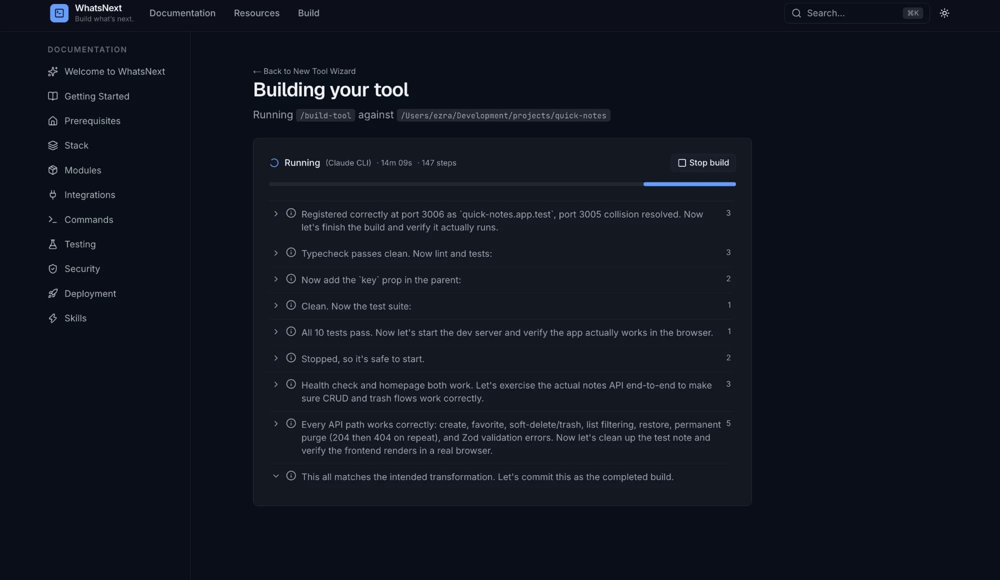 Build na ruim 14 minuten en 147 stappen: typecheck, lint en tests slagen en de API wordt end-to-end doorlopen