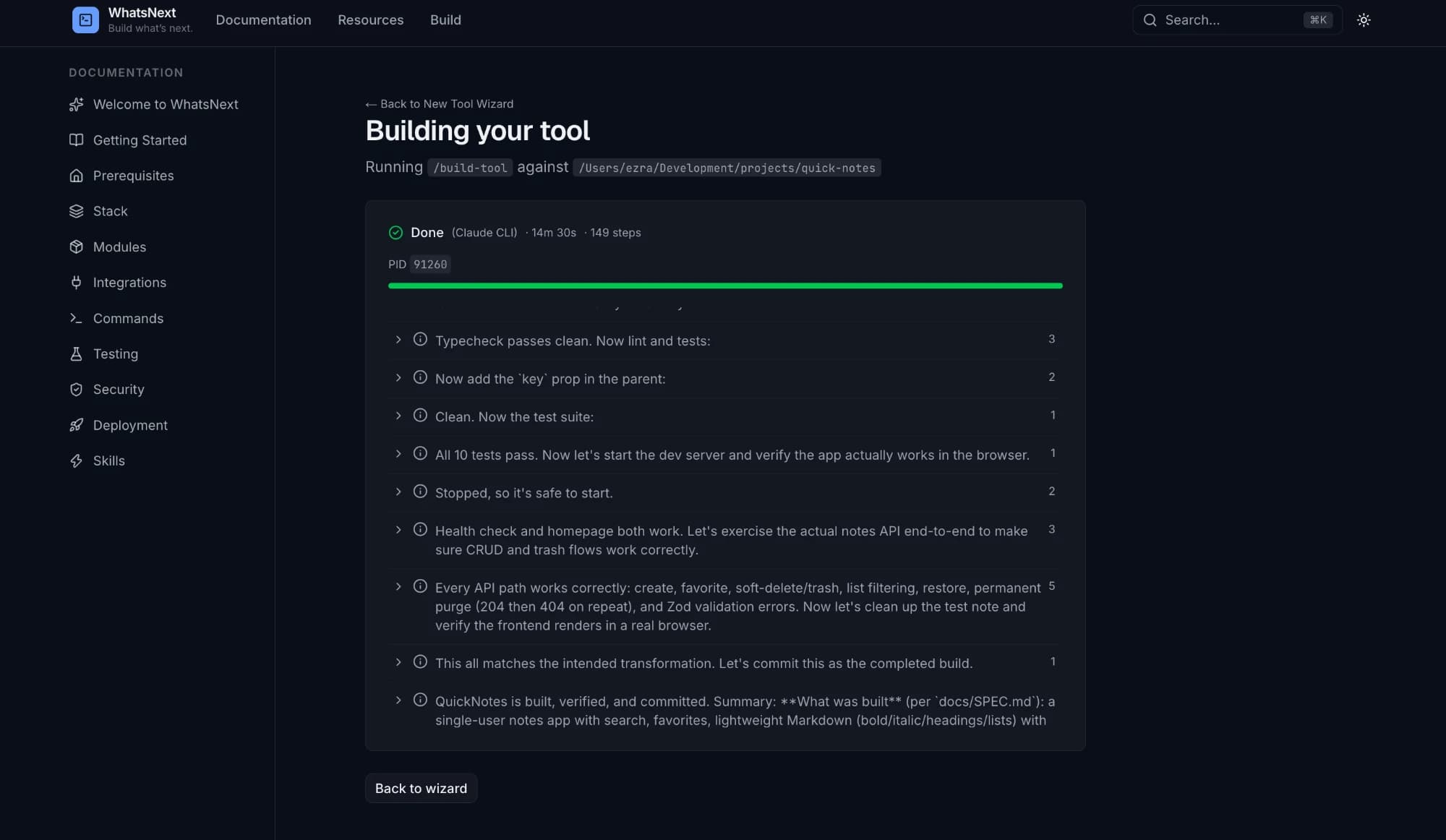 Build afgerond na 14 minuten en 30 seconden en 149 stappen, met een samenvatting van wat Claude Code bouwde en committe