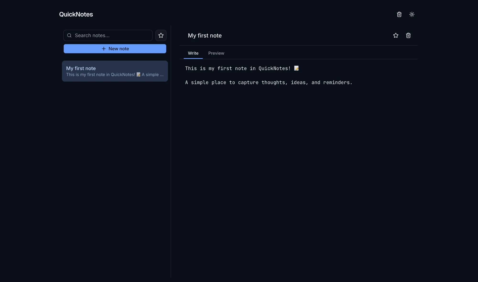 De opgeleverde notitie-app QuickNotes met zoekbalk, favorieten-filter, een notitielijst en een editor met Write- en Preview-tabs