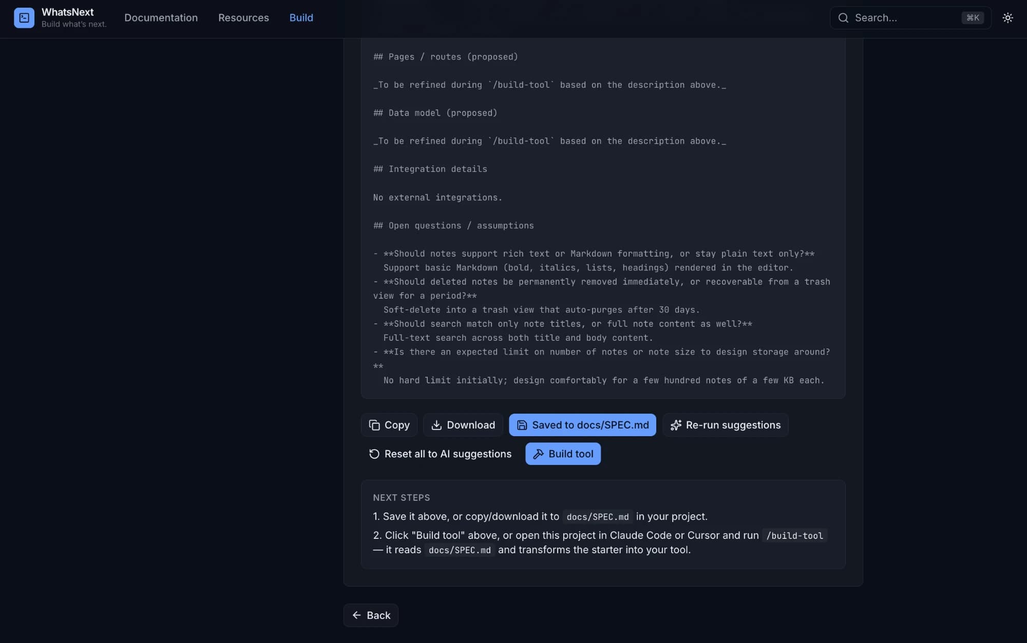 Gegenereerde docs/SPEC.md met openstaande vragen en aannames, en knoppen om te kopiëren, downloaden, opnieuw te laten voorstellen of de tool te bouwen