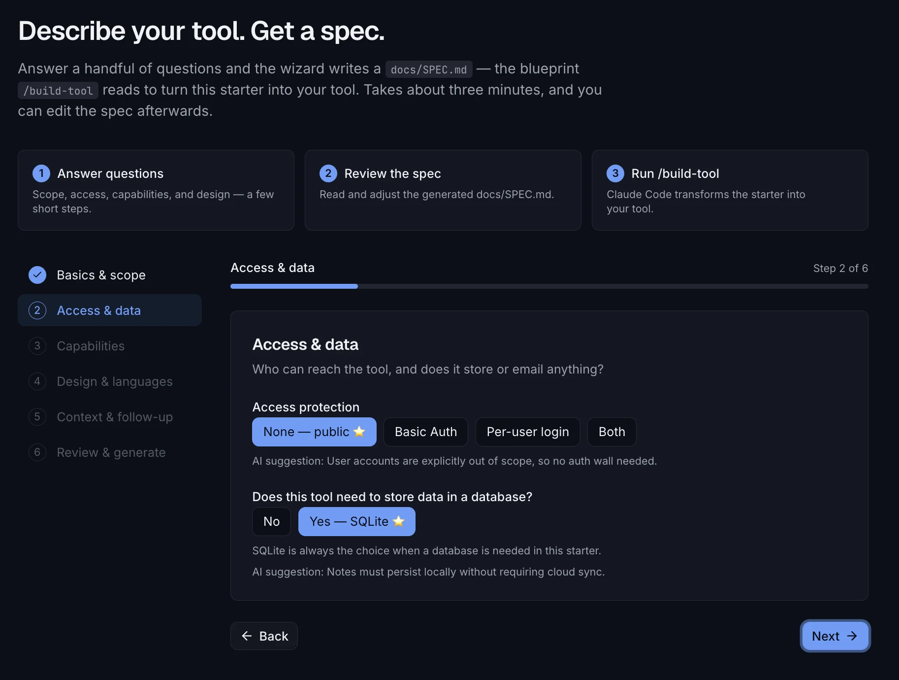 Tweede wizard-stap Access & data met AI-suggesties: geen toegangsbeveiliging en SQLite als database