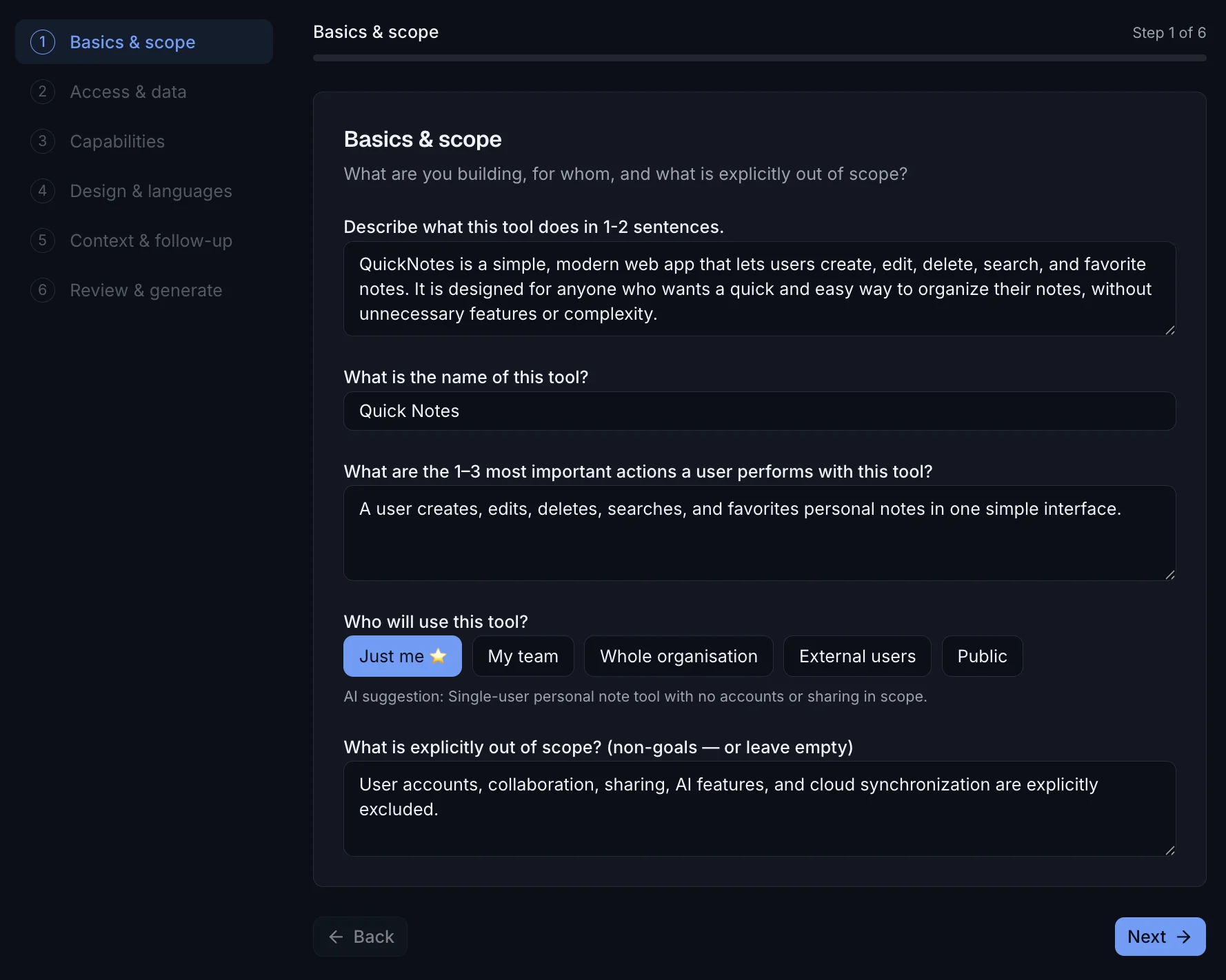 Eerste wizard-stap Basics & scope, ingevuld voor de notitie-app: naam, belangrijkste acties, gebruikers en wat buiten scope valt