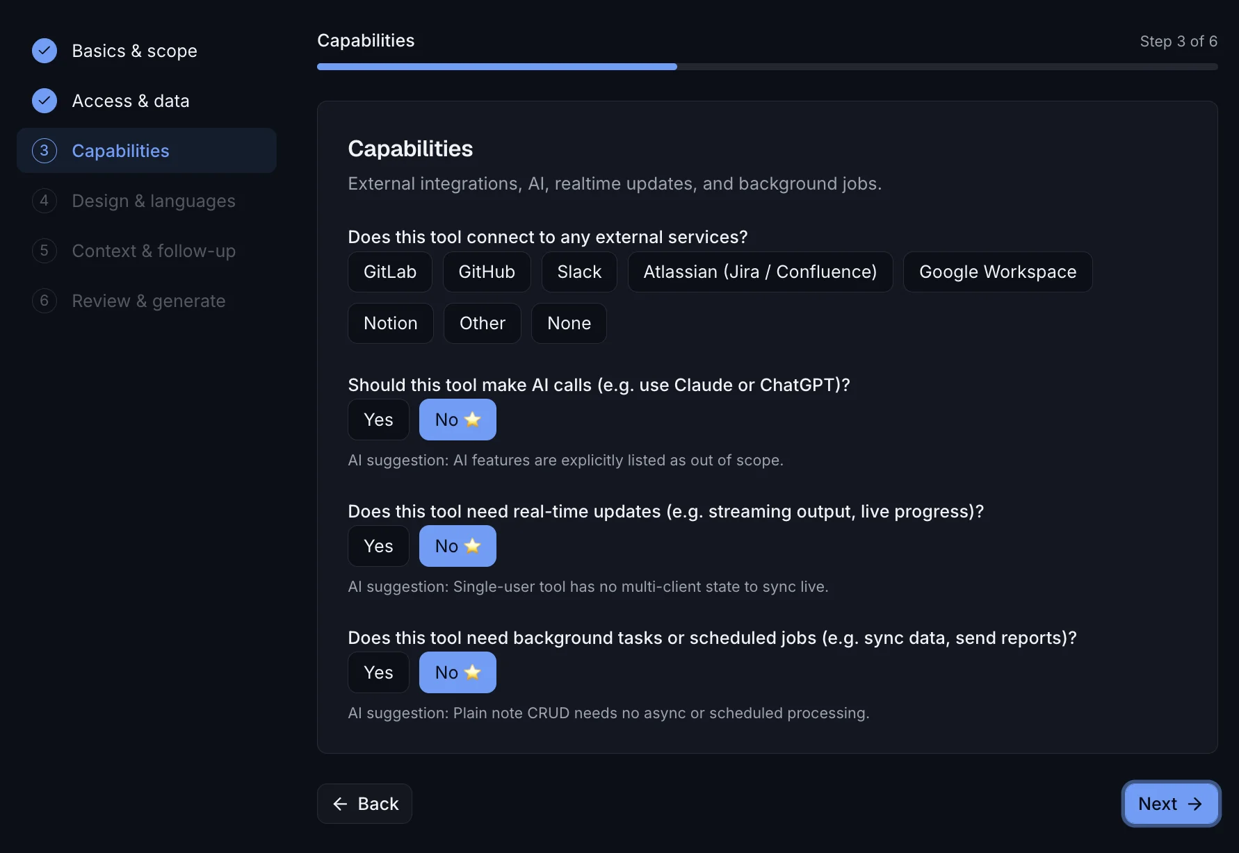 Derde wizard-stap Capabilities over externe integraties, AI-calls, realtime updates en achtergrondtaken, met per vraag een AI-suggestie
