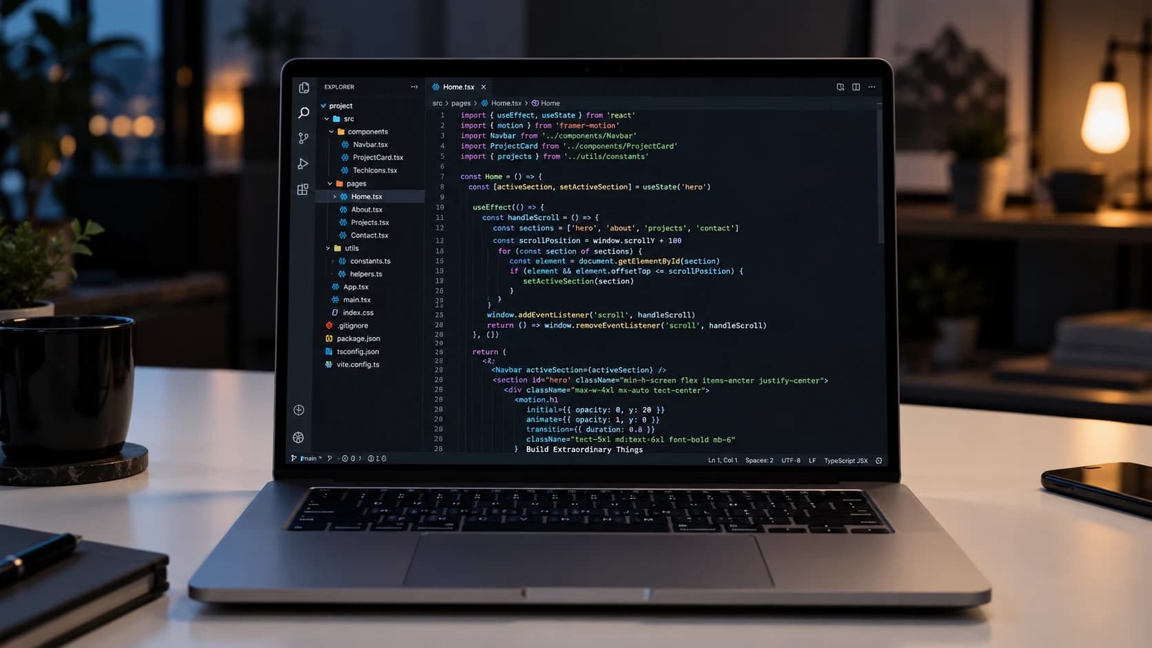 Werkplek met een laptop en code op het scherm